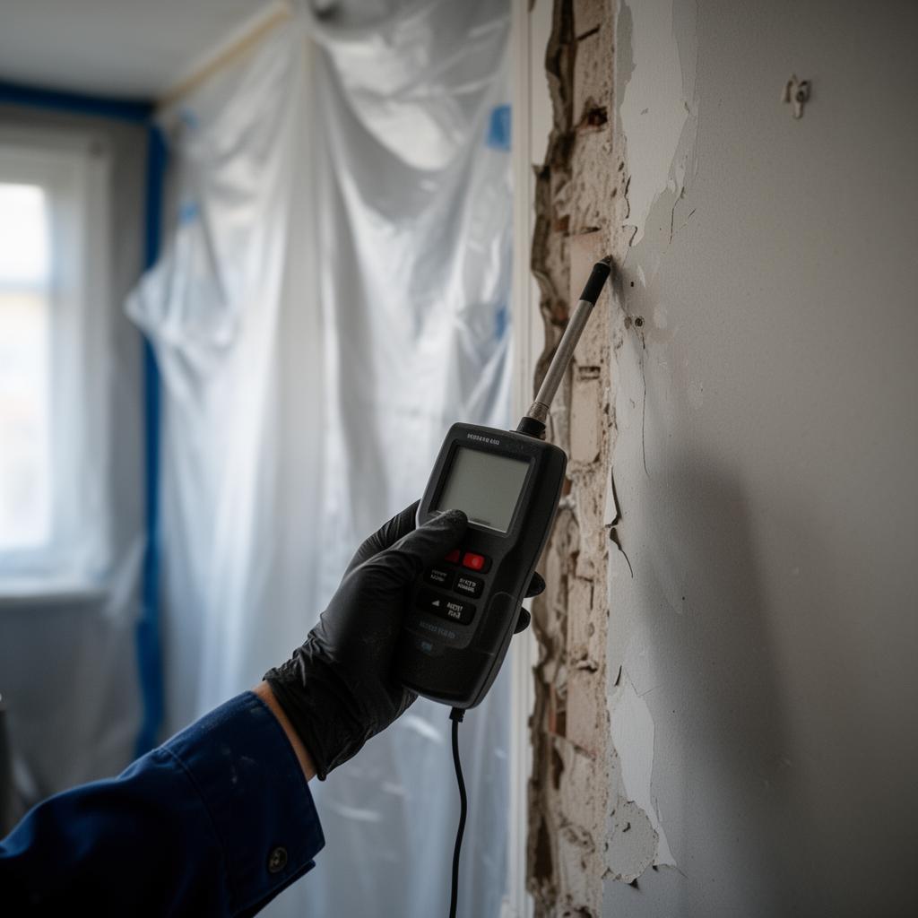 Moisture meter reading on partially demolished drywall inside containment