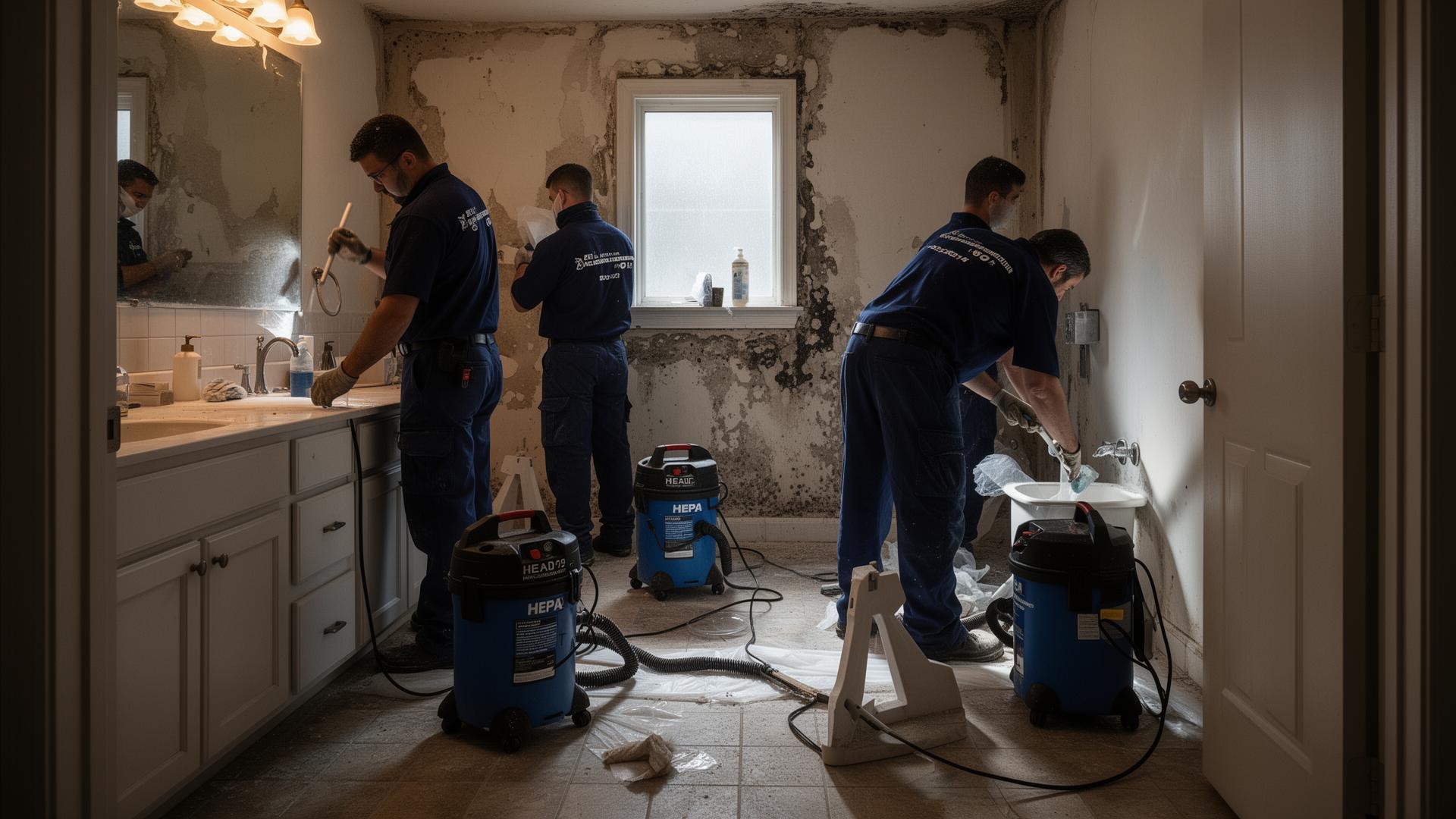 IronBridge crew remediating mold in a Winter Garden bathroom with HEPA containment